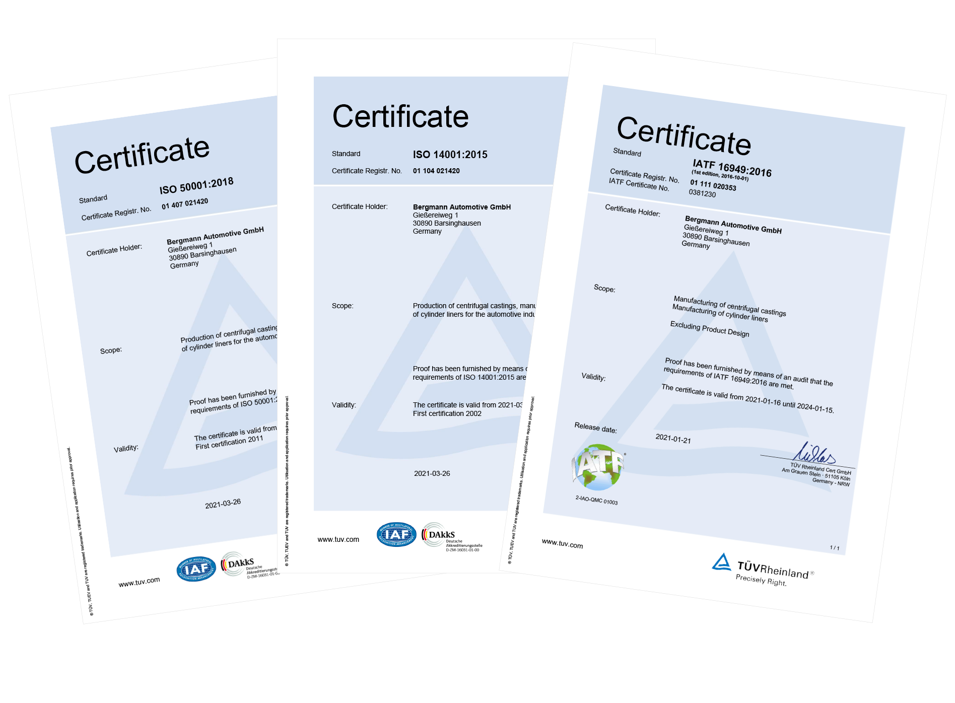 Quality certificates